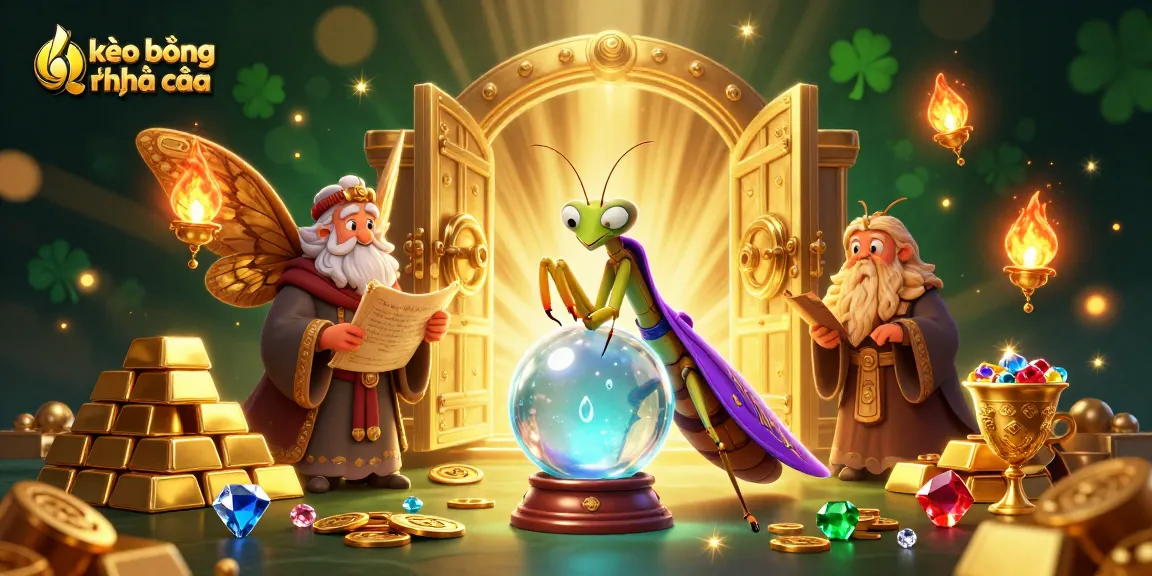 Engage with kèo bóng đá nhà cái visuals featuring a 3D cartoon praying mantis and wise moth amidst dazzling treasures.