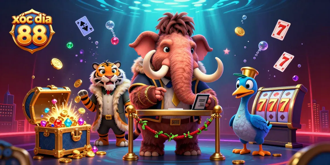 Xóc đĩa 88 visualizes excitement with a mammoth bouncer, VIP tiger, and vibrant slot reels.