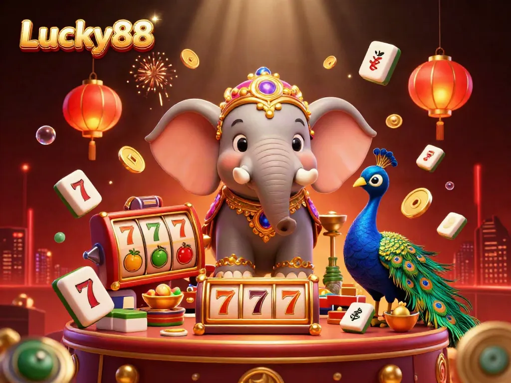 Experience the excitement of Lucky88's vibrant casino with an elephant, peacock, and dynamic slot elements.