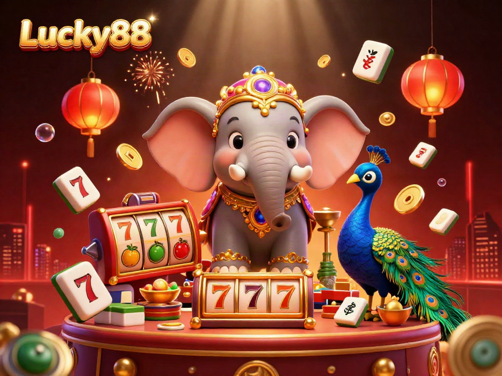 Experience the excitement of Lucky88's vibrant casino with an elephant, peacock, and dynamic slot elements.