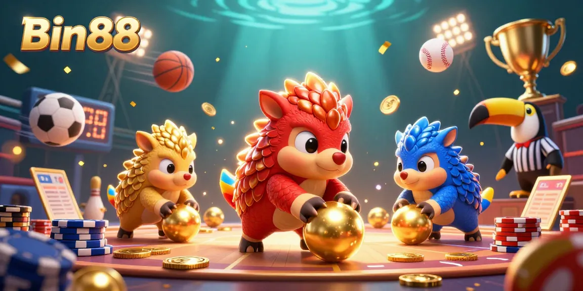 Engage with Bin88 in a vibrant casino scene featuring rival pangolins and dynamic gaming elements.