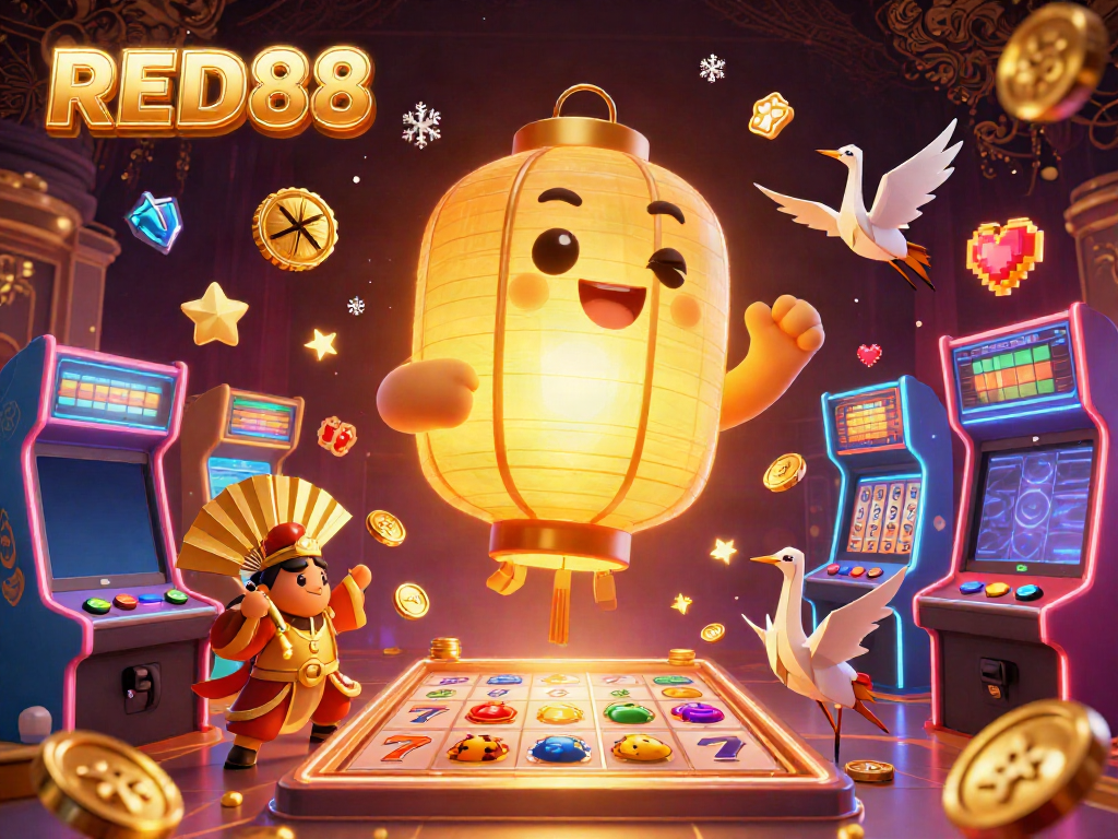 Experience the excitement of RED88's casino with a magical lantern spirit and vibrant gaming elements.