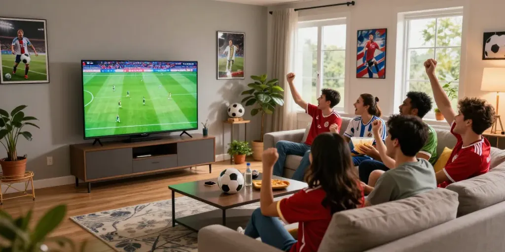 Friends enjoying a lively soccer match watching Socolive in a cozy living room.