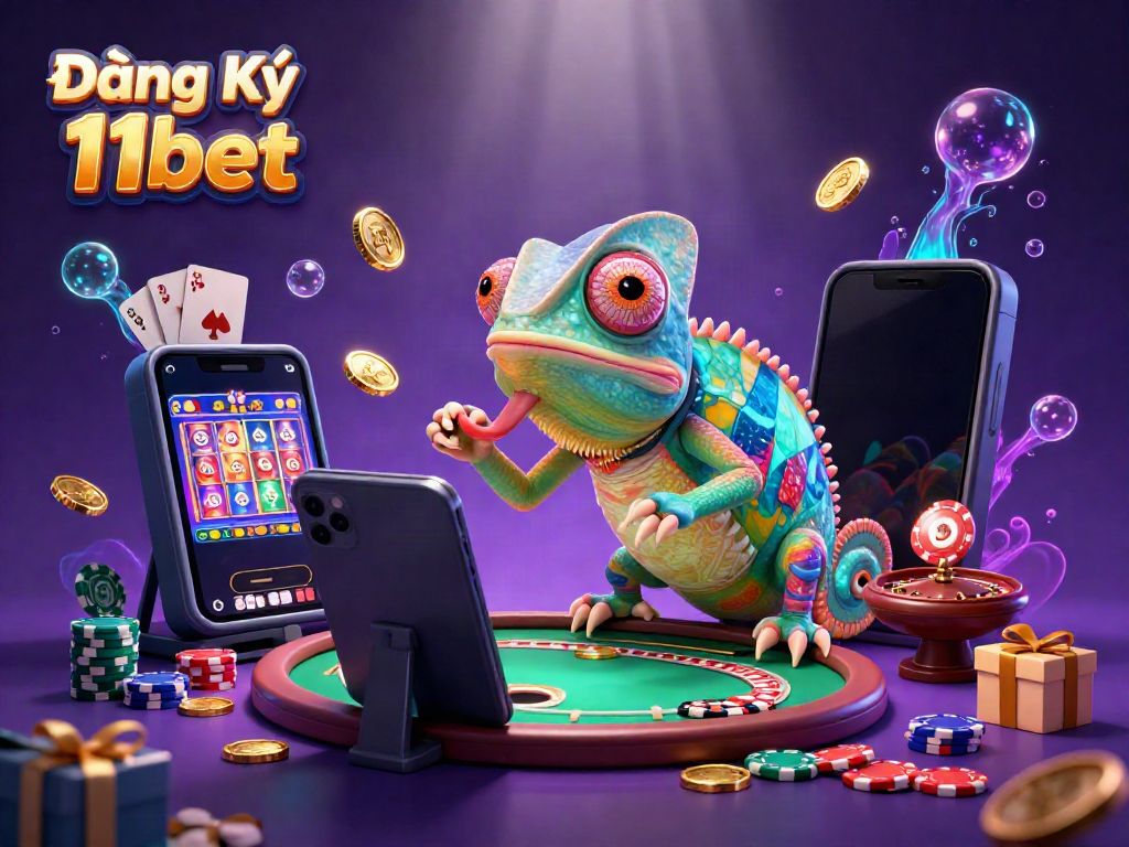 Engage with Đăng Ký 11bet featuring a colorful casino scene with a chameleon owner and slot game elements.