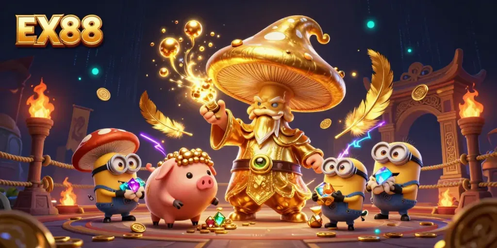 Engage in magical casino adventures with EX88, featuring dynamic gaming elements and a golden wizard.