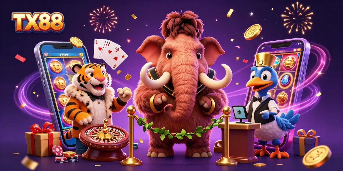 Experience thrilling slots action with TX88 at a vibrant casino illustration featuring a woolly mammoth bouncer.