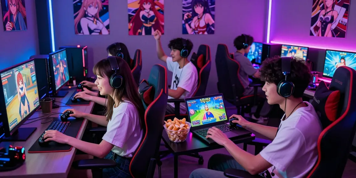 Excited group playing real ecchi games in a vibrant gaming lounge