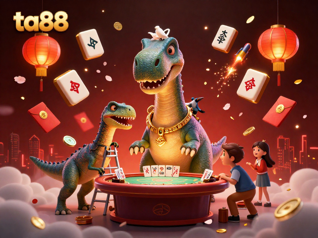 Experience the thrill of ta88 with a whimsical scene featuring a brontosaurus and raptor in a lively casino atmosphere.