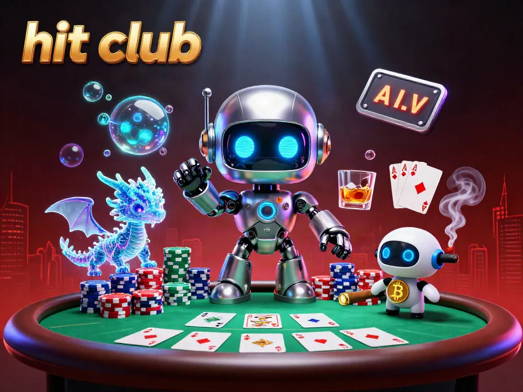 Engage in thrilling gameplay at hit club, surrounded by vibrant poker elements and futuristic characters.