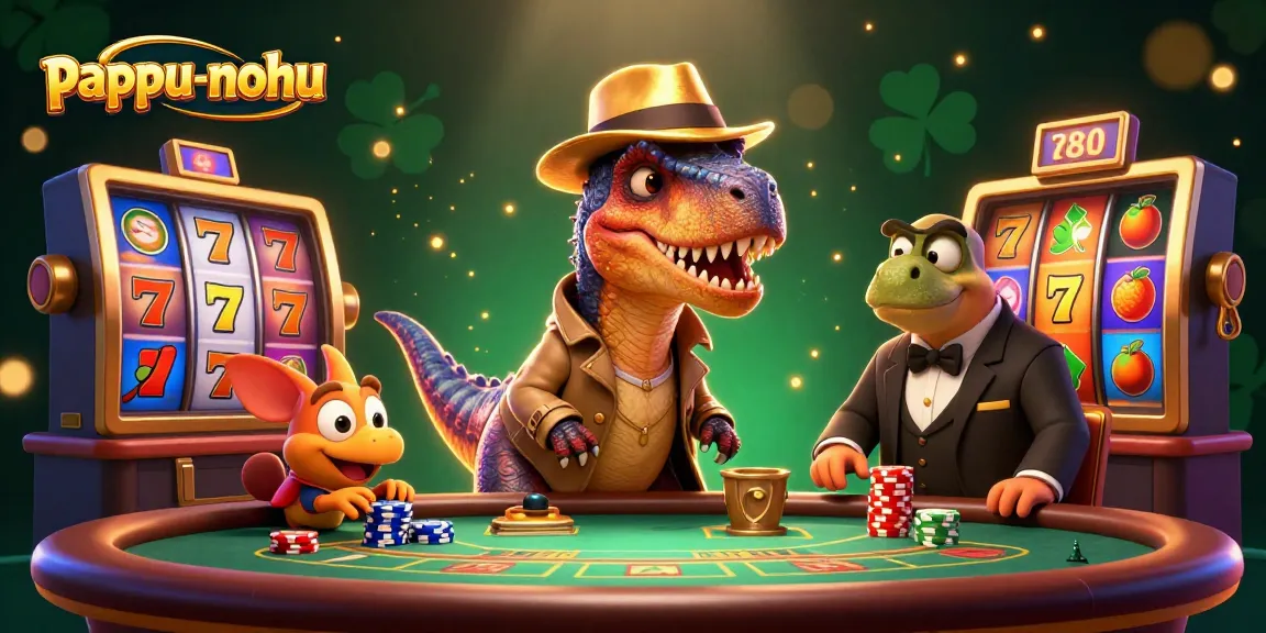 Pappu-nohu showcases a playful scene with a velociraptor at a blackjack table, complete with spinning slot reels and vibrant casino elements.