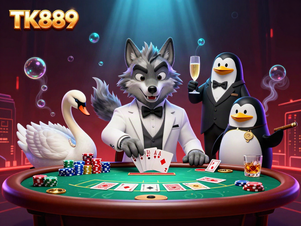 Engage in the thrilling TK889 online casino experience with a vibrant 3D illustration featuring a debonair wolf, elegant swan, and sophisticated penguin at the baccarat table.