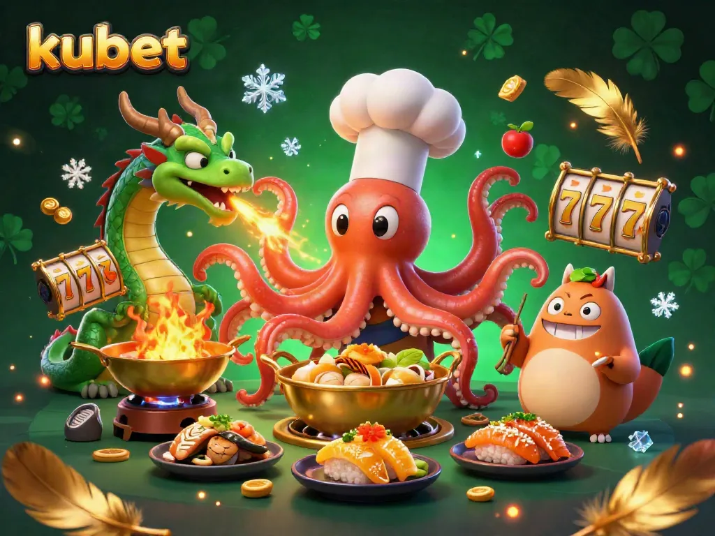 Experience the excitement of kubet with an octopus chef, dragon, and tanuki in a vibrant casino scene.