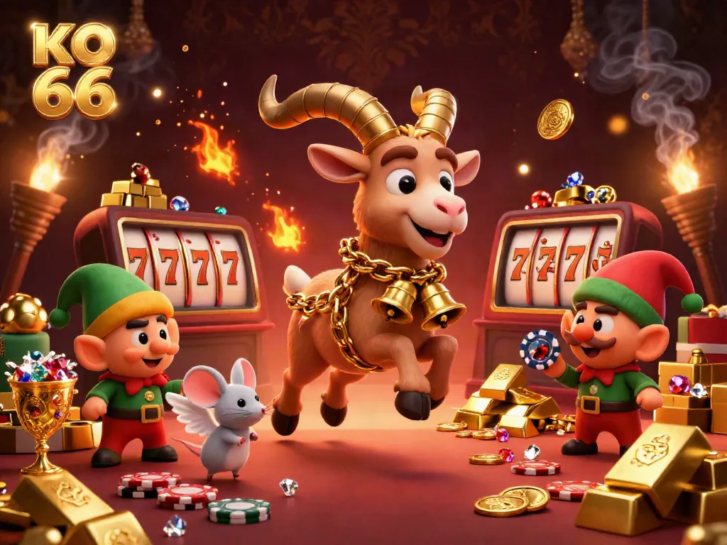 KO 66 showcases a festive casino scene with a Krampus goat, angel mouse, and elf gremlins amid stunning gold treasures.