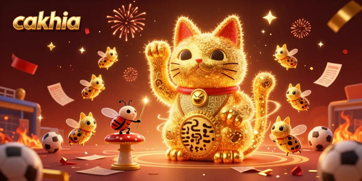 Place bets on Cakhia with the vibrant golden lucky cat and sports symbols in a dynamic casino scene.