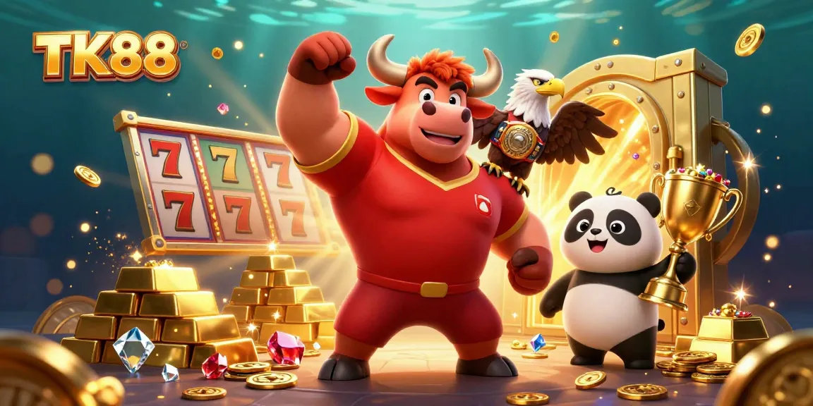 Engage with the thrilling world of TK88 featuring a muscular bull, eagle, and panda in a dynamic casino illustration.