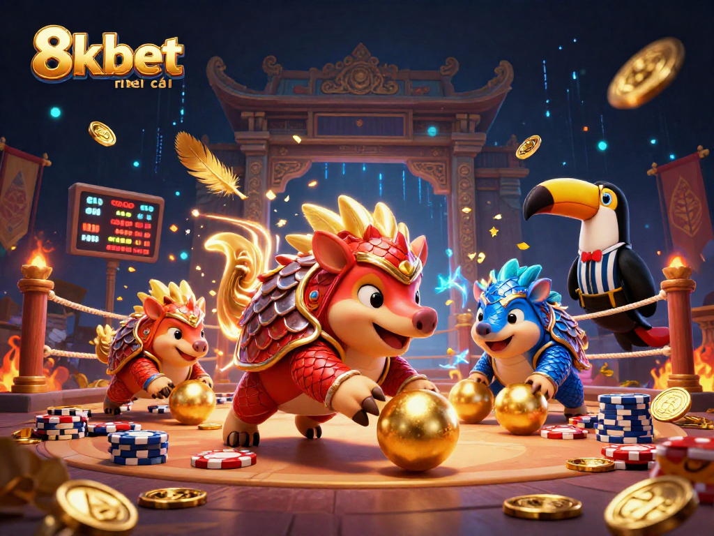 Experience thrilling gameplay at 8xbet nhà cái with rival pangolins amidst vibrant casino elements in action.