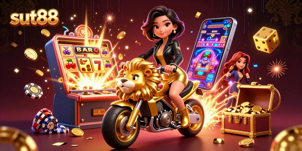 Sut88 promotional illustration depicting an Asian woman riding a golden lion mascot amidst a dynamic casino scene with slots and confetti.