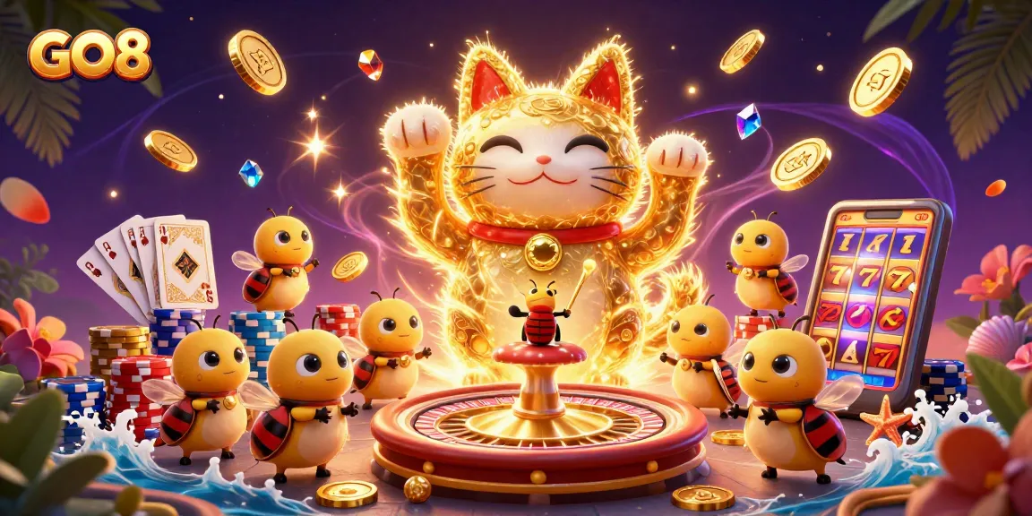 Spin the reels with the GO8 lucky cat surrounded by casino treasures for an exciting gaming experience.