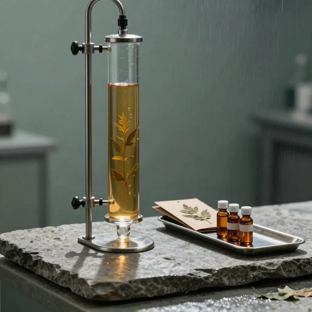 Amber extraction column with leaf specimens and sample vials on a stone slab in a misty lab scene.