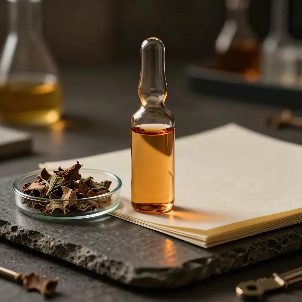Amber assay vial with botanical fragments and filter paper on dark stone under warm studio light.