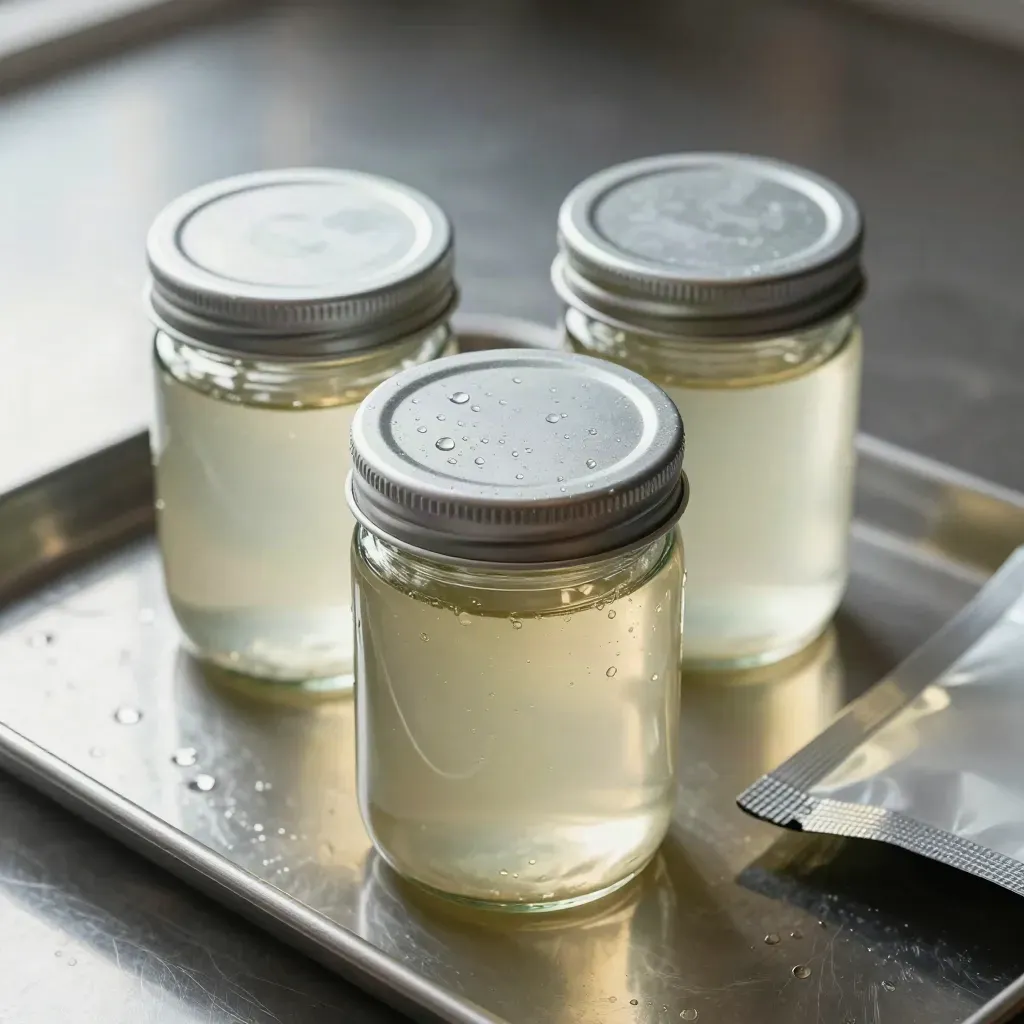 Condensed stability jars and a foil pouch on a stainless tray in a dark lab.