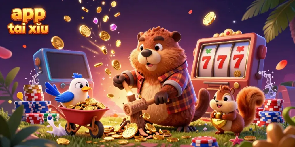 Experience exciting moments with app tài xỉu as cartoon characters engage in a vibrant casino themed scene.