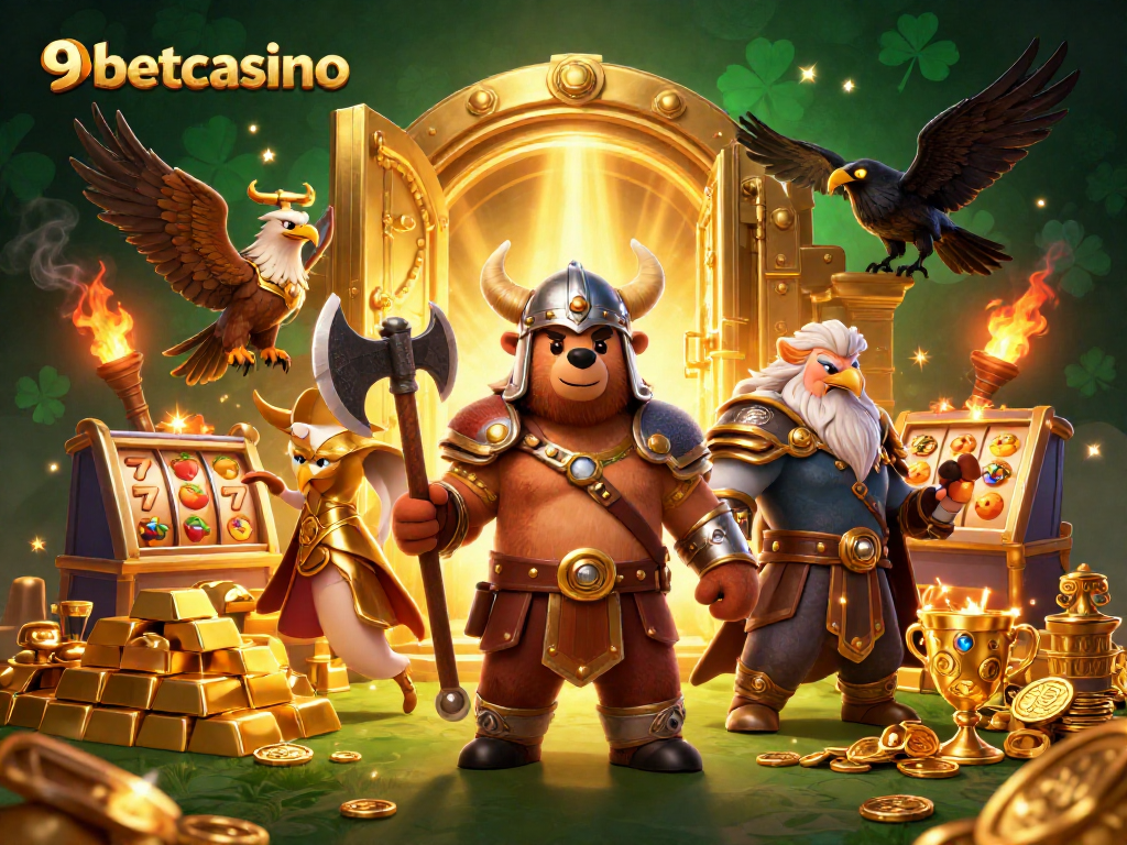 Engage with thrilling adventures at 9betcasino, featuring a Viking bear and Valkyrie eagle amid dazzling treasures.