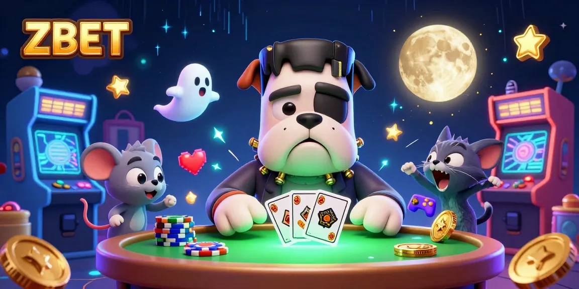 ZBET showcases an exciting casino scene with a Frankenstein bulldog and werewolf kitten dealing cards.