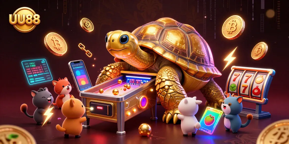 Engage with UU88's thrilling gambling atmosphere featuring a pinball tortoise and vibrant crypto elements.