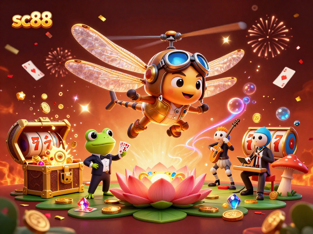 Experience sc88 thrills with a vibrant 3D casino illustration featuring a dragonfly pilot and frog dealer.