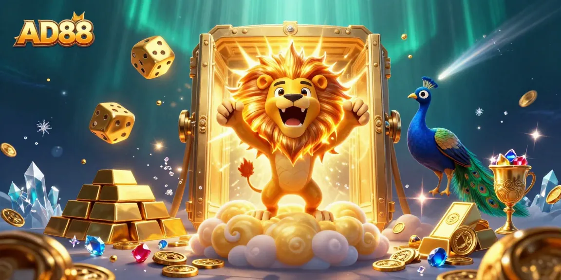 A dynamic casino-themed illustration showing AD88 with a roaring sun lion, golden dice, and treasures