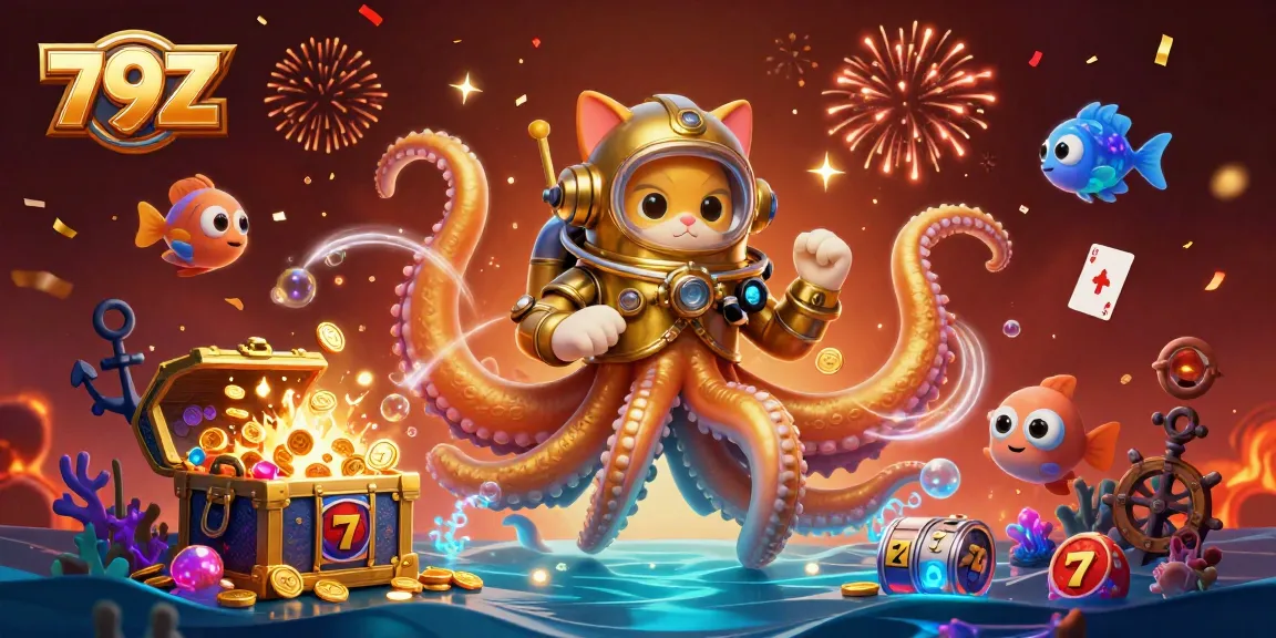 Experience the thrill of 79Z with a vibrant underwater casino scene featuring a kraken and a diving cat.
