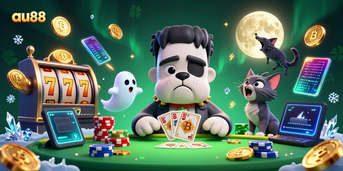 Engage with au88 at a lively casino illustration featuring a magical bulldog dealer, where winning awaits!