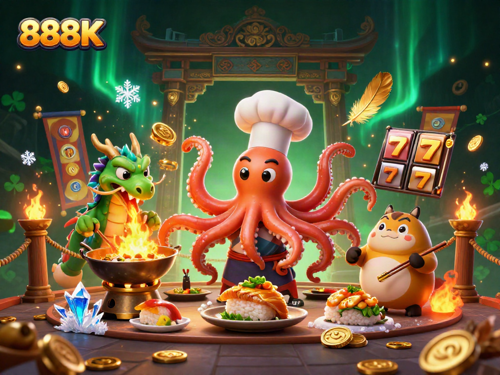 Engage in thrilling gameplay with 888K, featuring a vivid casino scene with unique characters and slot elements.