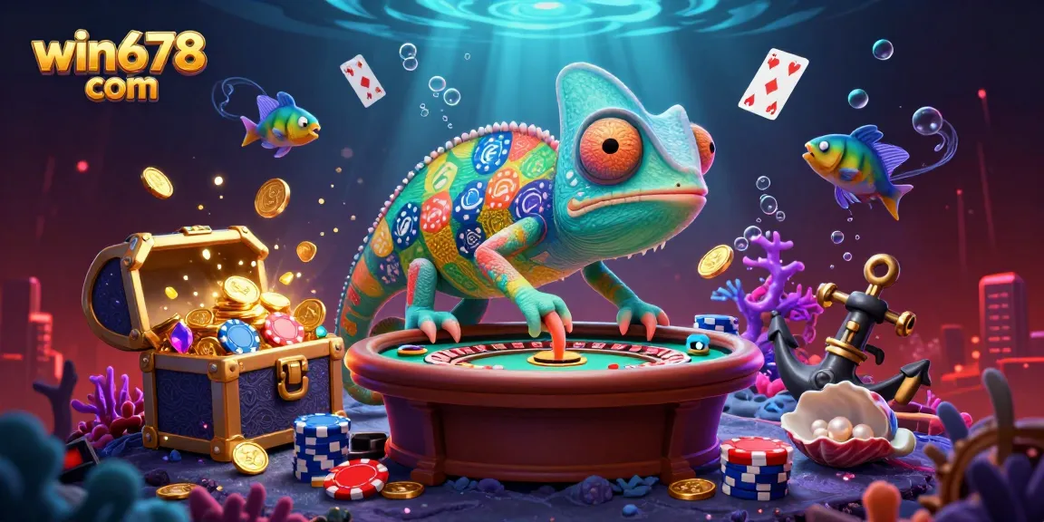 Experience thrilling gaming at win678 com, featuring an enormous chameleon casino owner and vibrant casino elements.