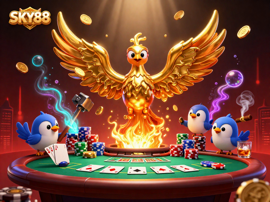 Engage in action at SKY88 with a golden phoenix and vibrant poker scene showcasing casino excitement and winning moments.