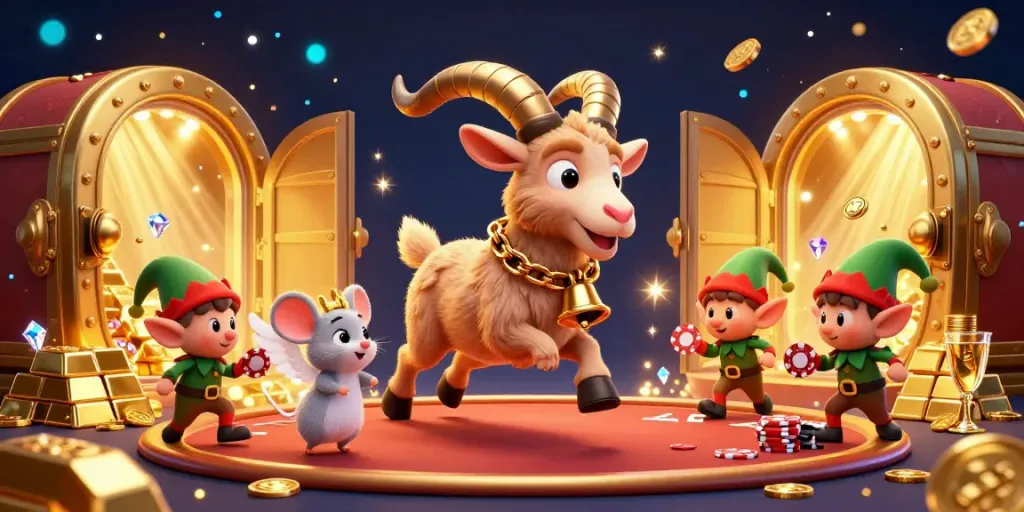 Experience the vibrant LX88 casino scene with a playful Krampus goat, angel mouse, and mischievous elf gremlins.