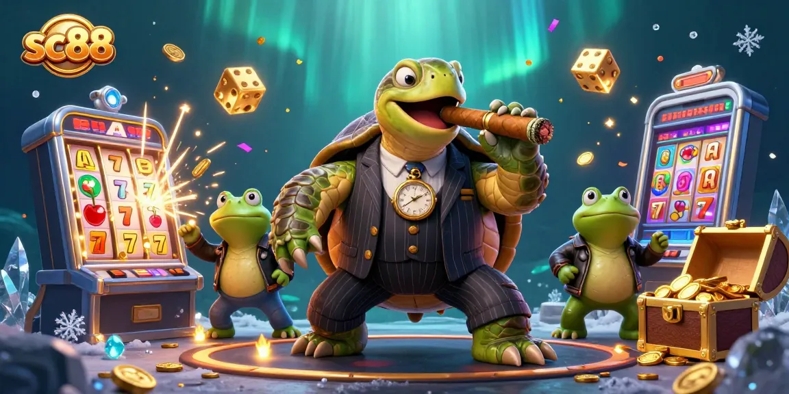 Experience the thrills of sc88 with a vibrant 3D illustration featuring a cartoon turtle and slot machines.