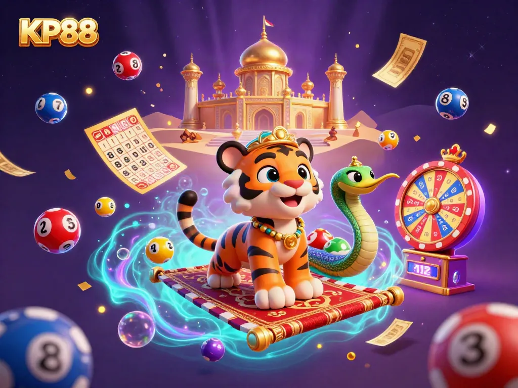 Experience KP88's vibrant gaming scene with an Arabian Nights sultan and lively lottery elements.
