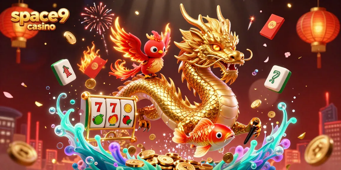 Engage with space9 casino's vibrant 3D gaming ecosystem, showcasing thrilling slots, lucky symbols, and dynamic characters.