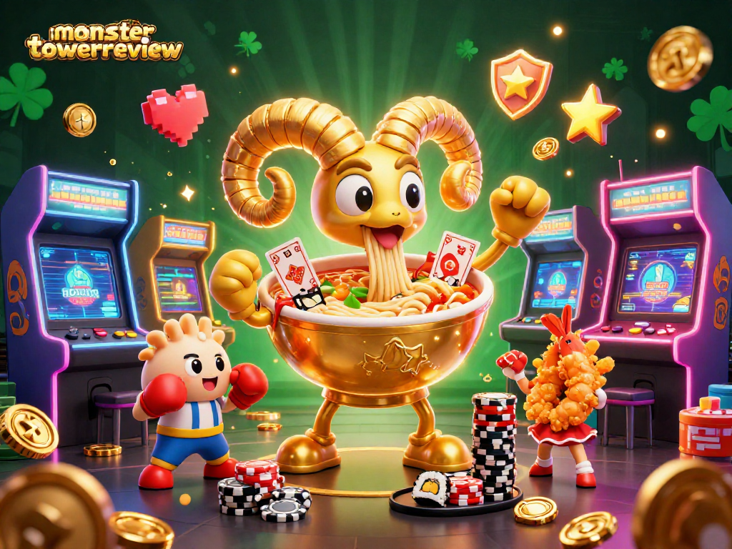 Tabletop action in an arcade-themed scene featuring the monstertowerreview characters playing cards amid colorful game machines.