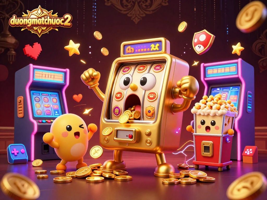 Engage with duongmatchuoc2's jackpot excitement as golden slot machines cheer and pop corn flies!
