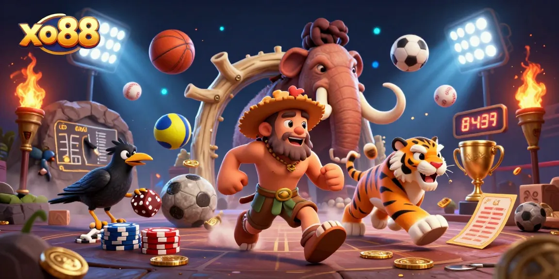 Experience thrilling games at xo88 with a dynamic prehistoric casino scene featuring engaging characters and exciting elements.