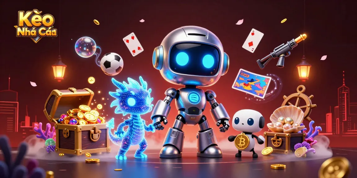 Kèo Nhà Cái displays vibrant sports elements alongside a cyberpunk robot and digital dragon for engaging action.
