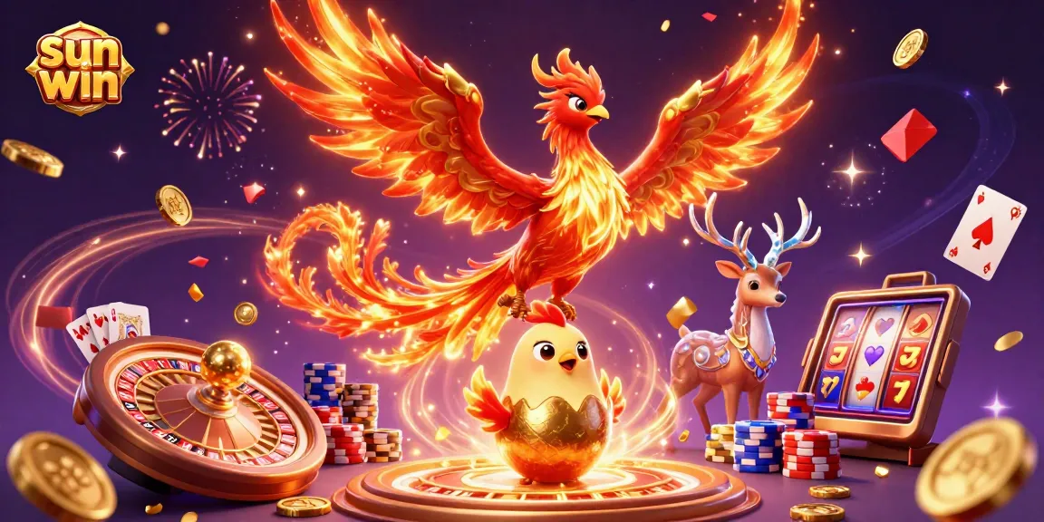 Play exciting casino games and win with sun win in this vibrant 3D promotional illustration.