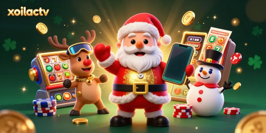 Experience the festive excitement with xoilactv as Santa Claus celebrates massive jackpots in a vibrant casino.