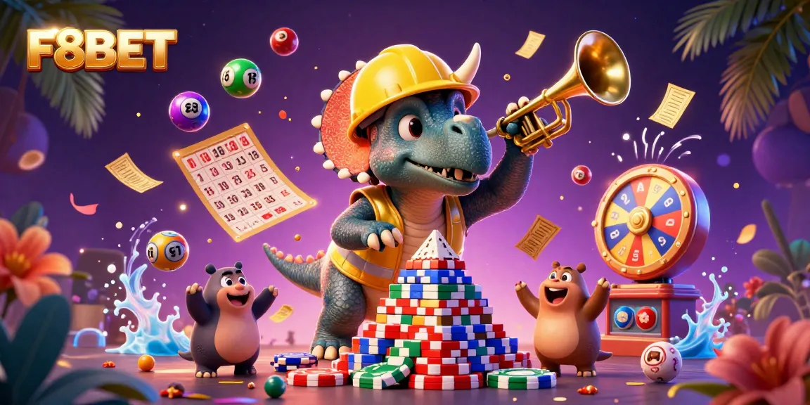 F8BET features a 3D cartoon triceratops and parasaurolophus celebrating with dynamic casino elements in a vibrant scene.
