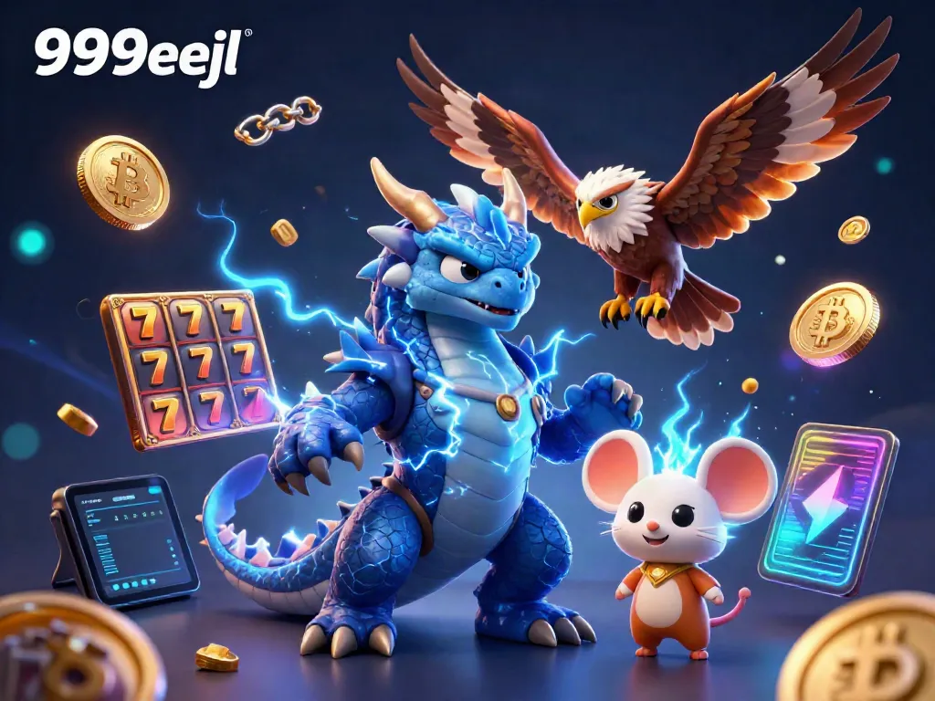 Play slots and win with the vibrant 999eejl casino scene featuring dynamic characters and crypto elements.