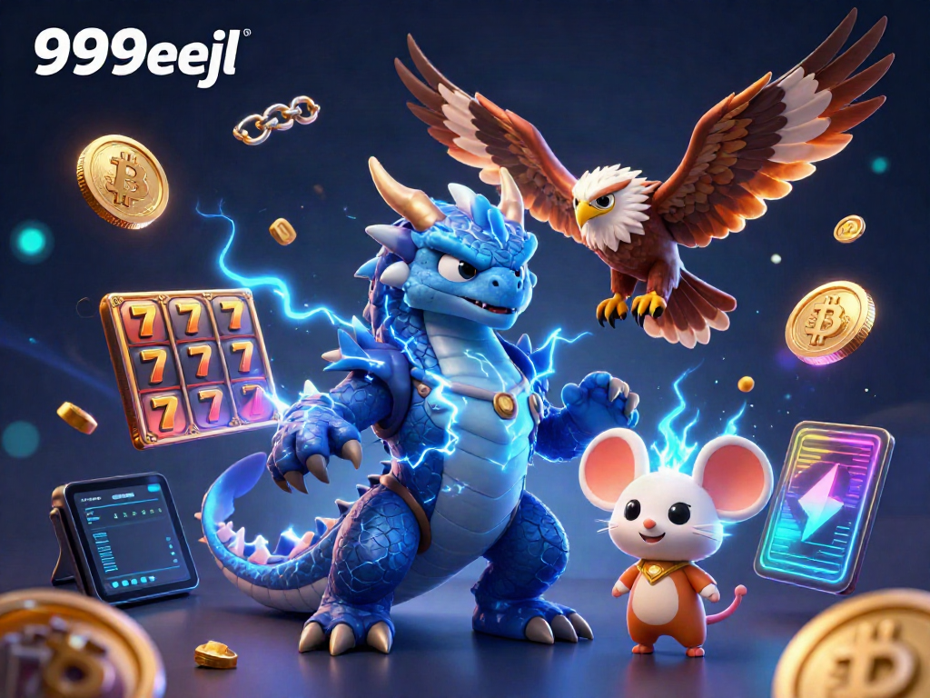 Play slots and win with the vibrant 999eejl casino scene featuring dynamic characters and crypto elements.
