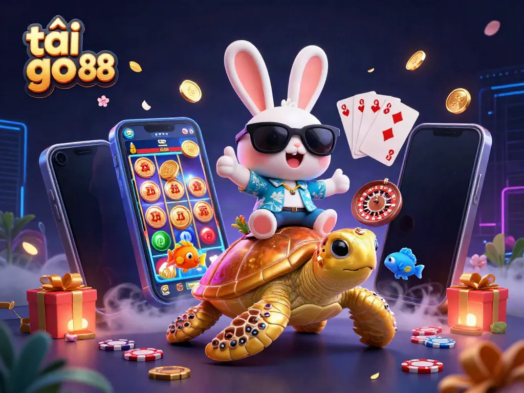 Engage with thrilling gaming action while tải go 88 through vibrant 3D graphics featuring a lucky rabbit and a golden turtle.
